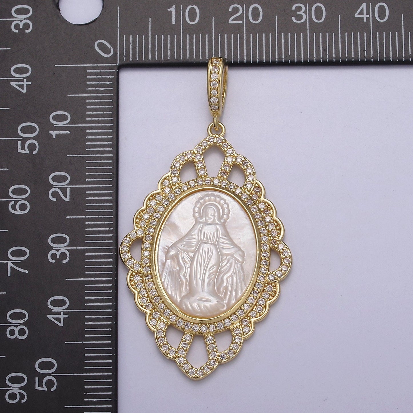 1x Bold Oval Virign Mary Charm Micro CZ Paved Charm w/ Ornate Design Pearl Center DIY Pendant Component Necklace Bracelet | N-565 N-566