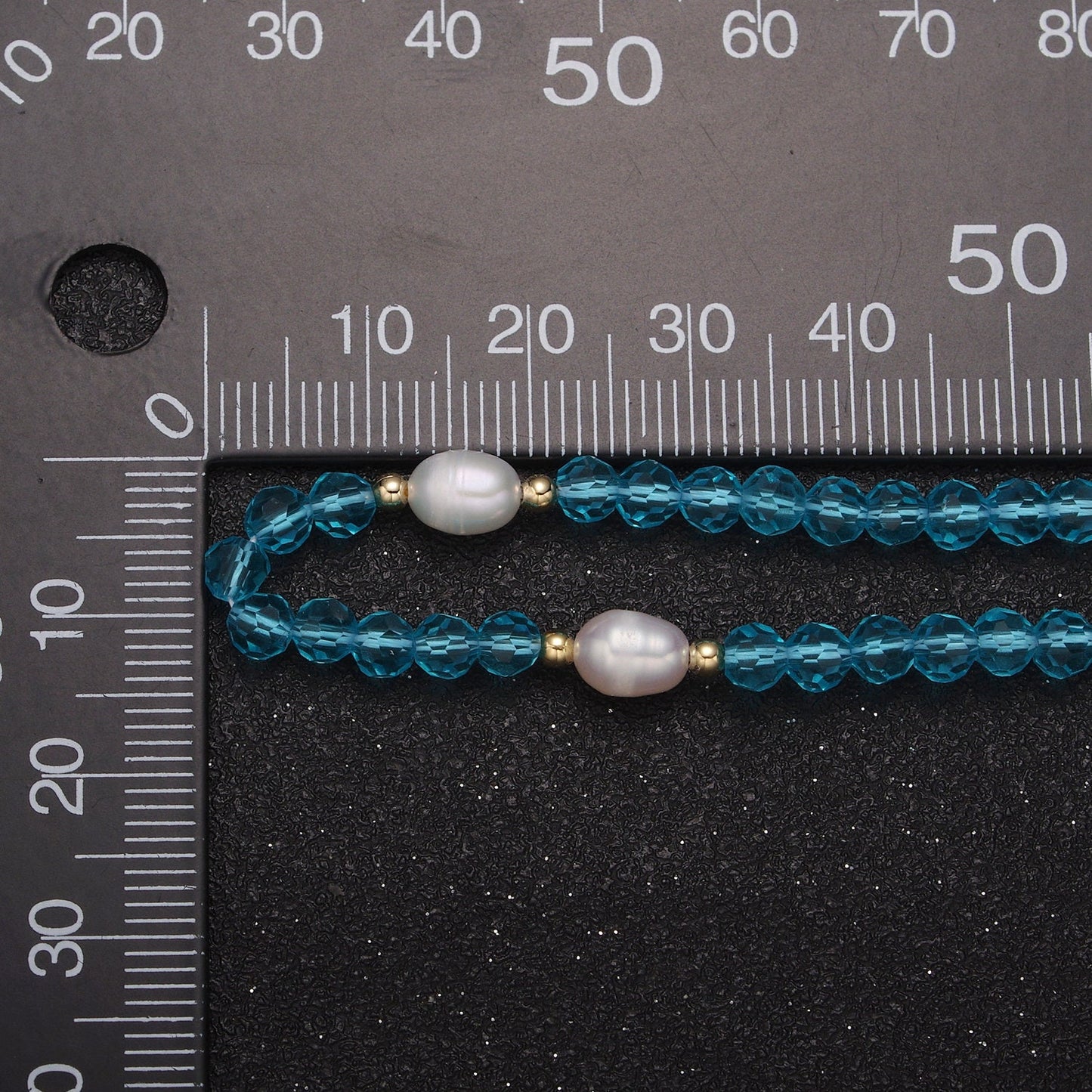 Pearl with Aqua Blue Glass Beaded Necklace, Light Blue Faceted Rondell Beads Necklace | WA-591
