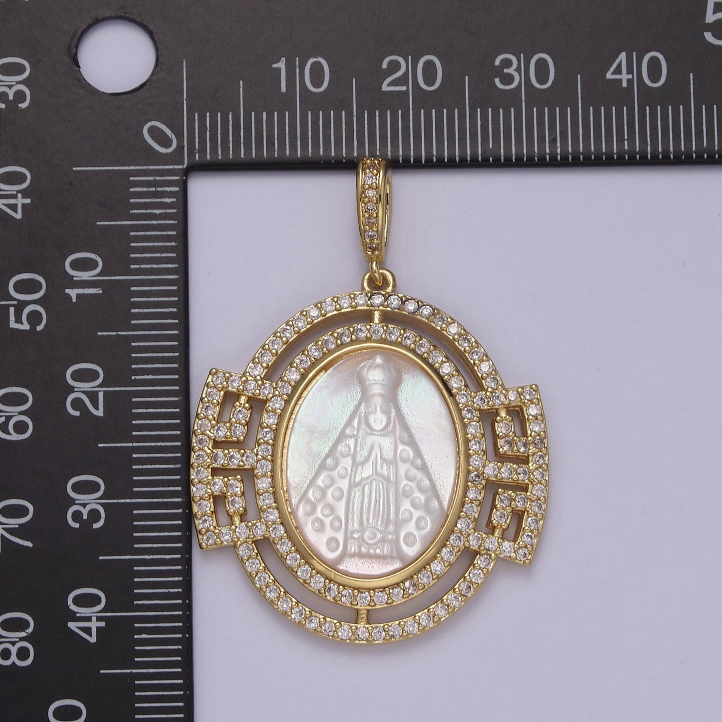 Bold Virgin Mary Pendant in Pearl 24K Gold Filled Oval Frame Clear CZ Micro Pave | DIY Charm Piece | N-575
