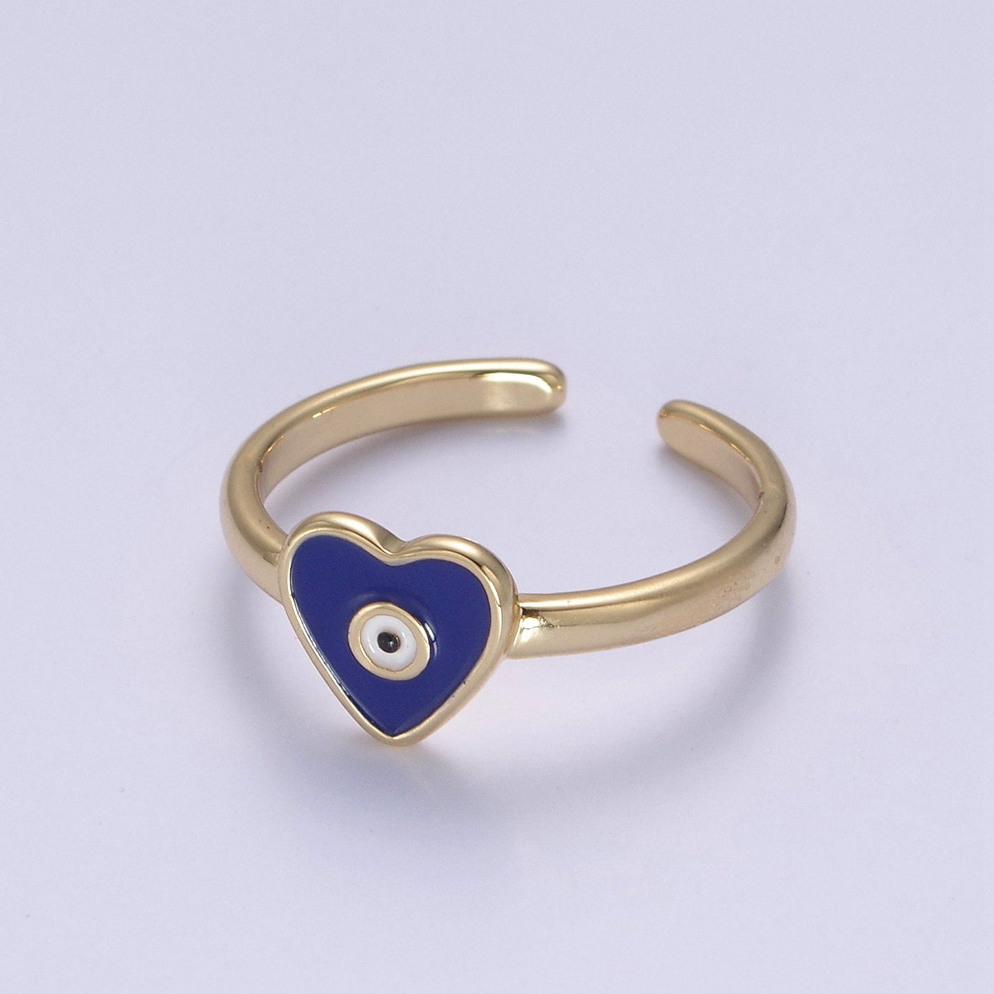 24K Gold Filled White, Navy Blue Enamel Heart Evil Eye Adjustable Ring | U407, U443