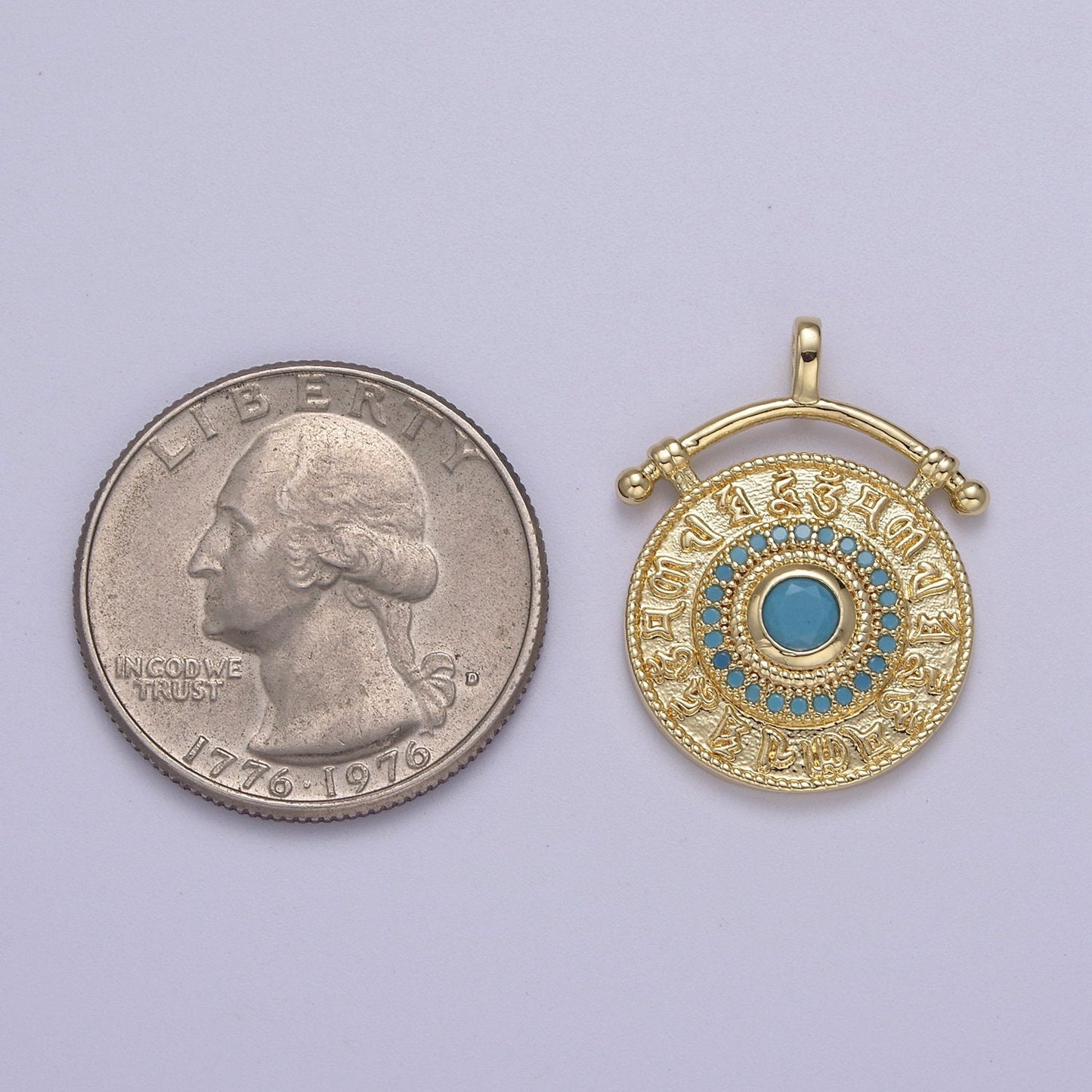 Gold Zodiac Signs Pendant Charm with Turquoise Stone, Gold Round 12 Zodiacs Medallion J-520