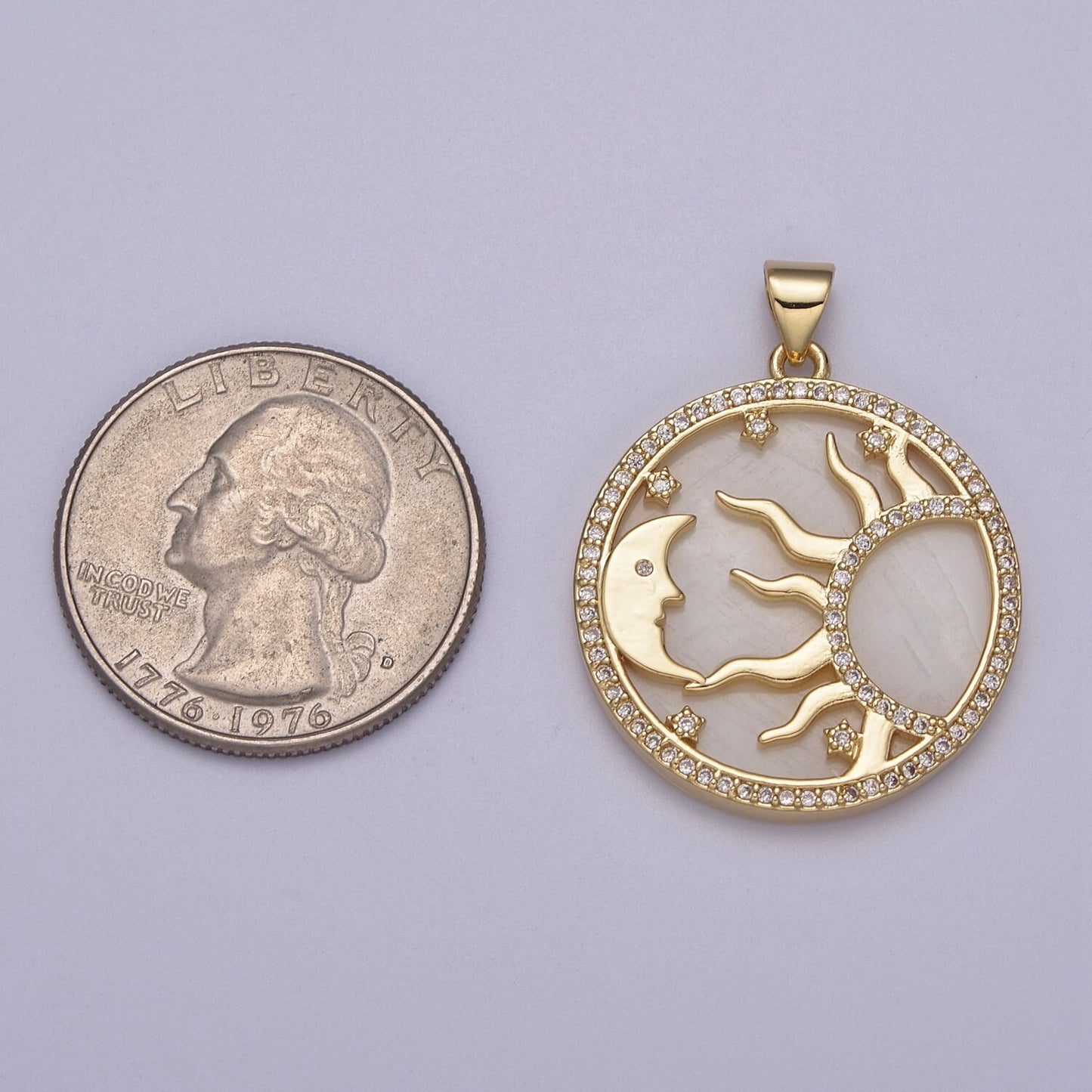 Dainty Pearl Gold Good Morning Charm with Cubic Zirconia Star Moon Sun Ray Pendant J-420
