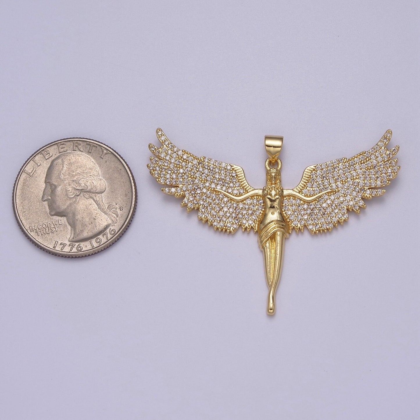 Big Gold Angel Necklace Pendant Ascending Wings with Cubic Zirconia Stones Archangel Guardian Angel Religious Jewelry Patron Saint J-347