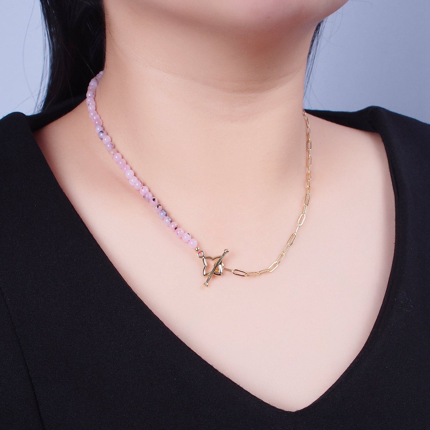 Dainty Half Bead Half Link Chain Necklace, 24k Gold Filled Paperclip Chain with Pink Jade Necklace Toggle Clasp WA-972