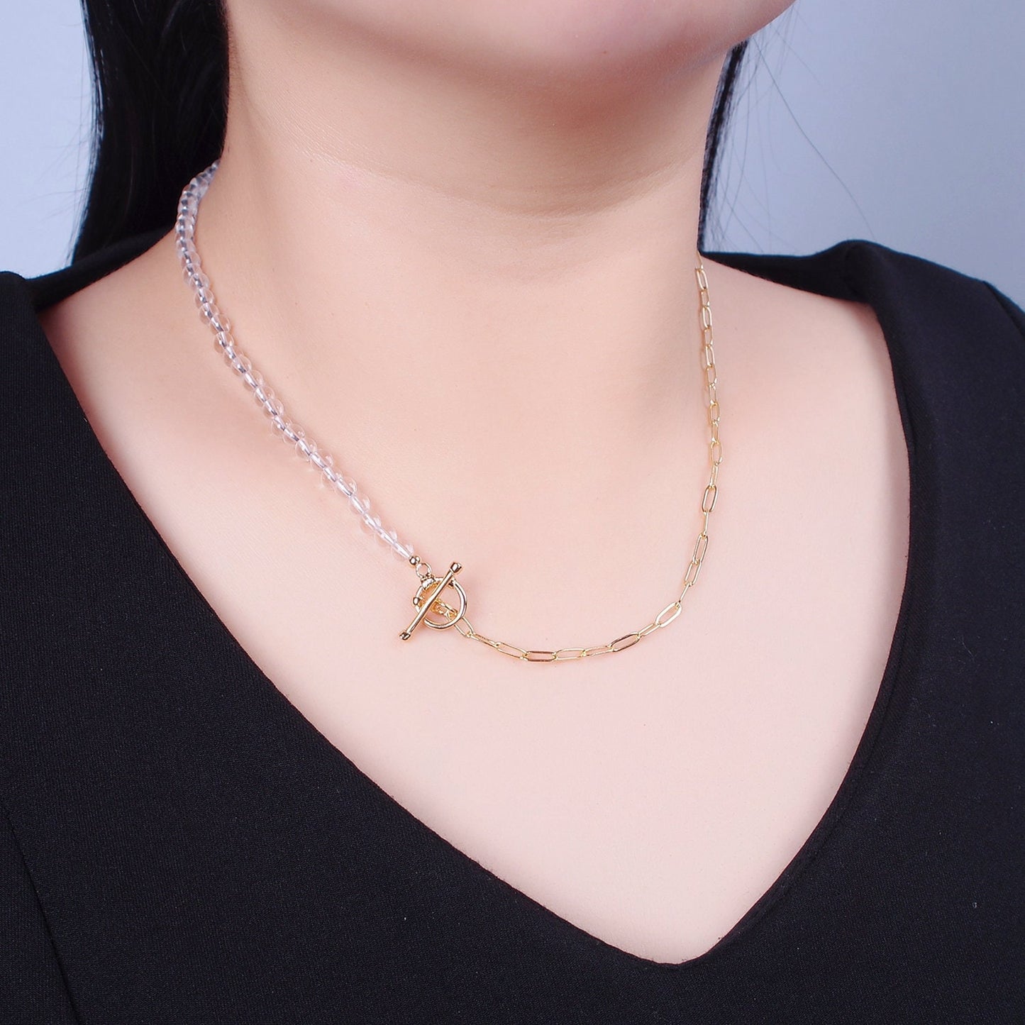 Dainty Half Bead Half Link Chain Necklace, 24k Gold Filled Paperclip Chain with Clear Quartz Necklace Toggle Clasp WA-965