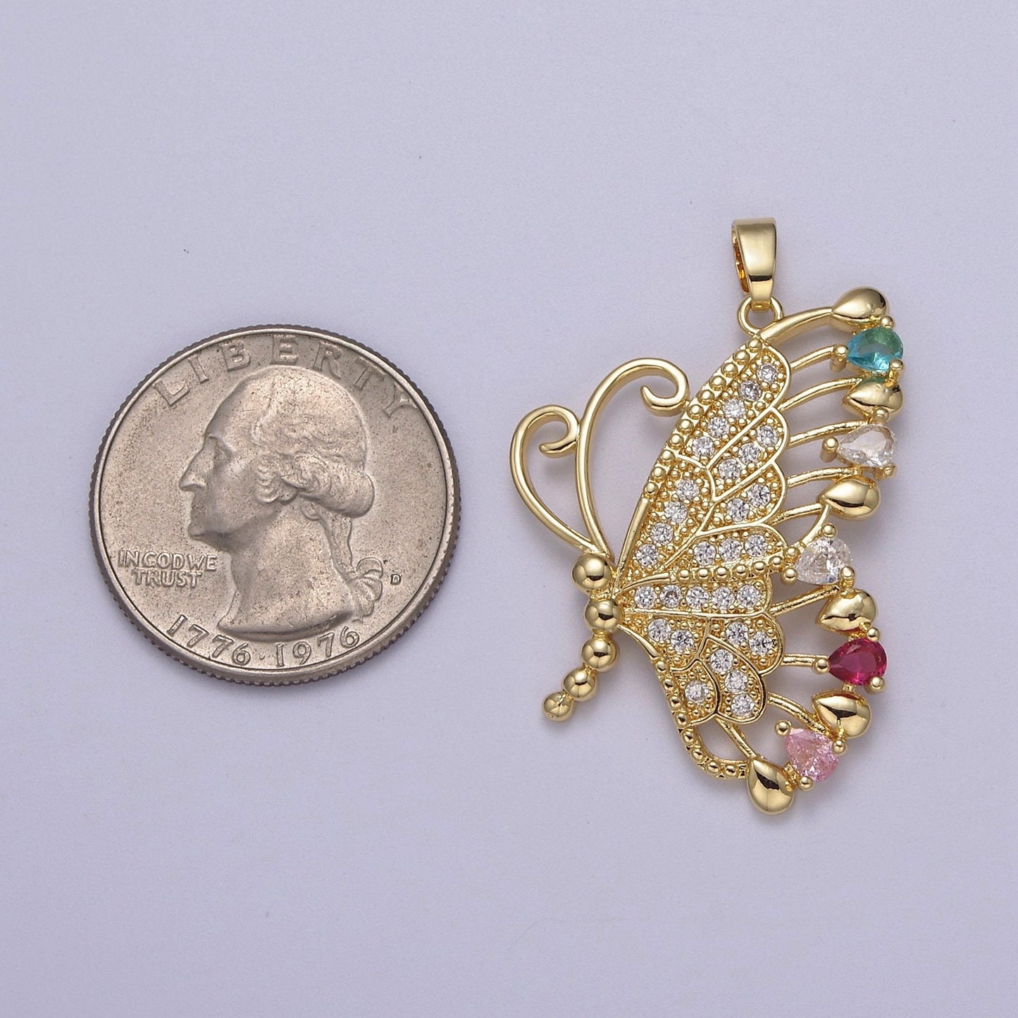 Big CZ Butterfly Pendant 24K Gold Filled Mariposa Charm Necklace Supply J-518