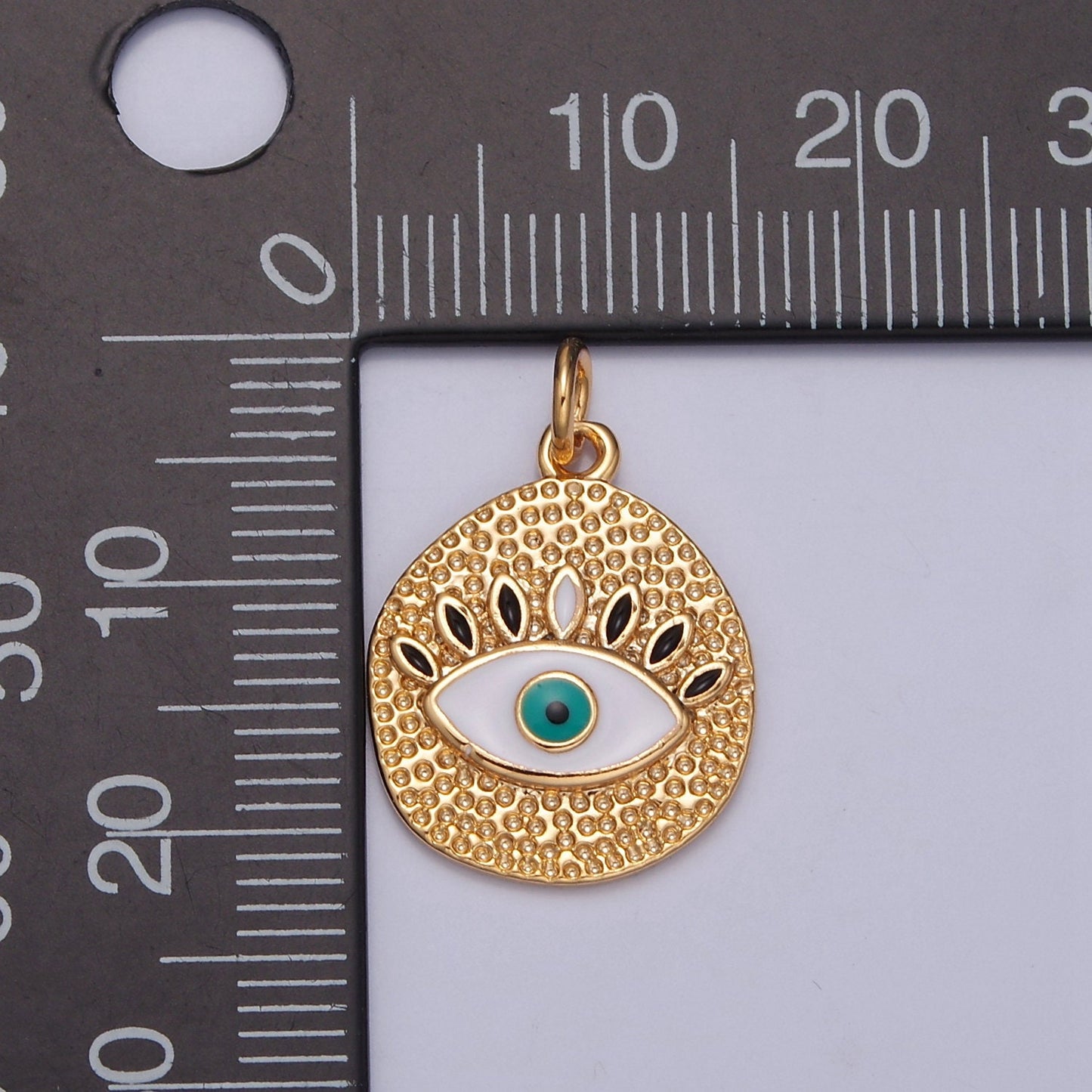 Round Gold Medallion Pendant with Enamel Evil Eye, Textured Protection Charm For DIY Jewelry Necklace Making, E-779