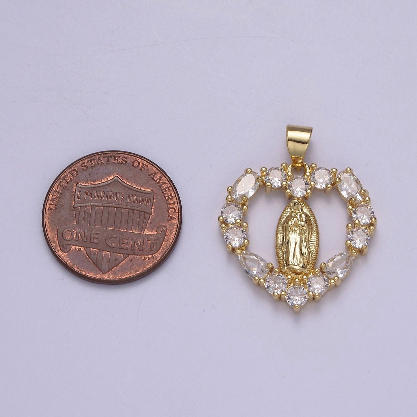 14K Gold Virgin Mary On Heart Emblem Shape Pendant Religious Charm Lady Guadalupe Pave Pendant, Dainty Gold Charm J-357