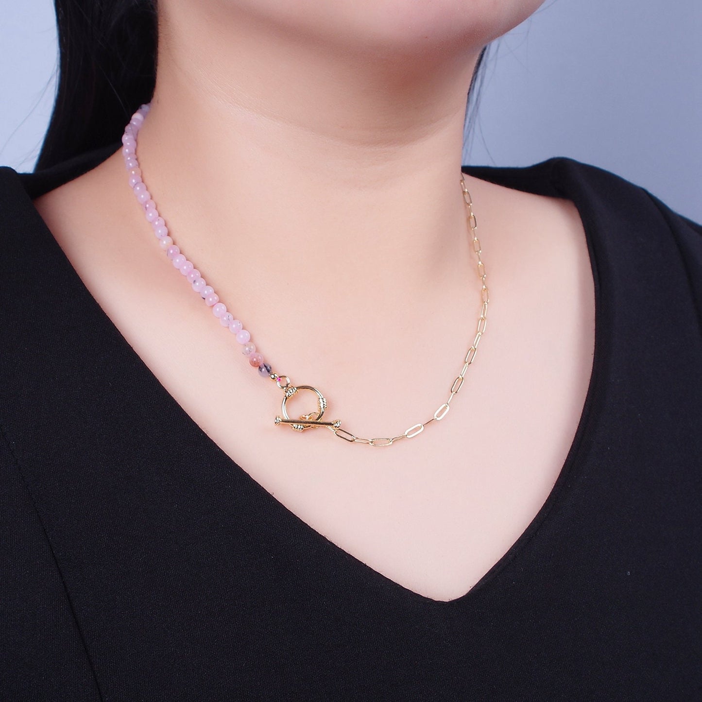 Dainty Half Bead Half Link Chain Necklace, 24k Gold Filled Paperclip Chain with Pink Jade Necklace Toggle Clasp WA-971