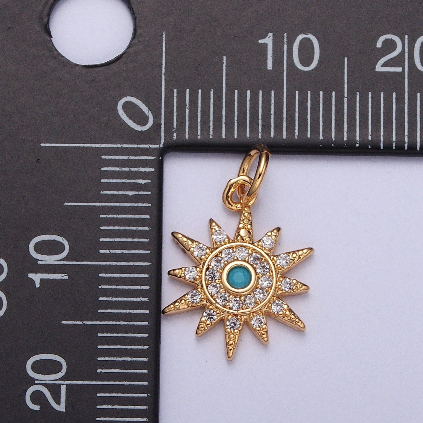 24K Gold Sun Charm w. Opal Evil Eye Pendant, Sun Ray Sunburst Charm, Turquoise Evil Eye Sun Pendant, Bohemian Jewelry | X-119