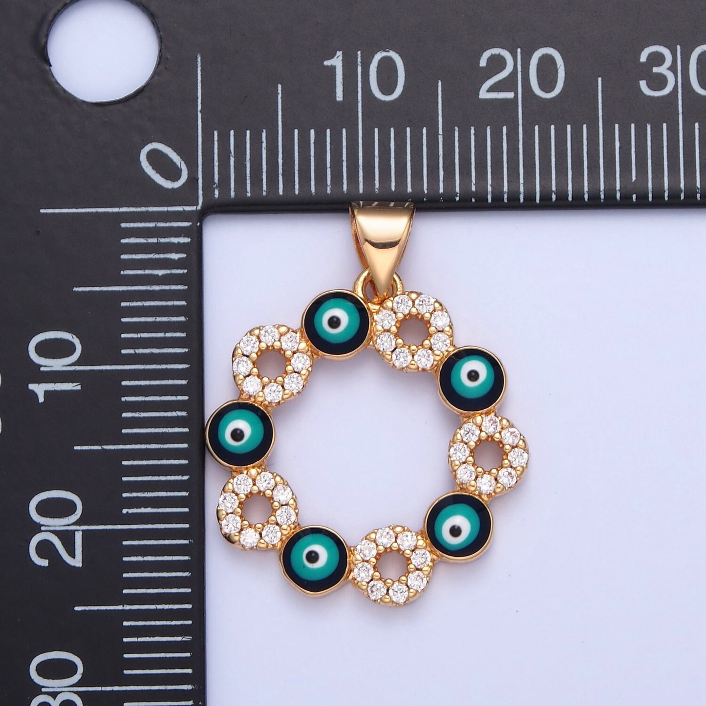 16K Gold Linked Mini Black Enamel Evil Eyes Mini Donut Clear Circles CZ Clear Stone Pendant, Add on Charms Necklace Bracelet Supply | H-068
