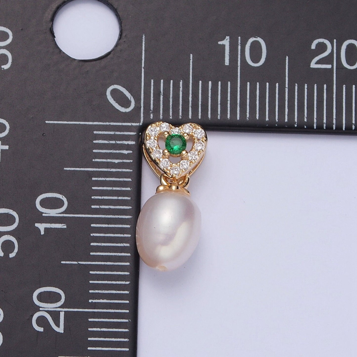 Dainty Round Pearl Elegant Heart w. Emerald Green CZ Eye Design Micro Pave Clear CZ Ball Pendant for Bracelet Necklace Component | H-536