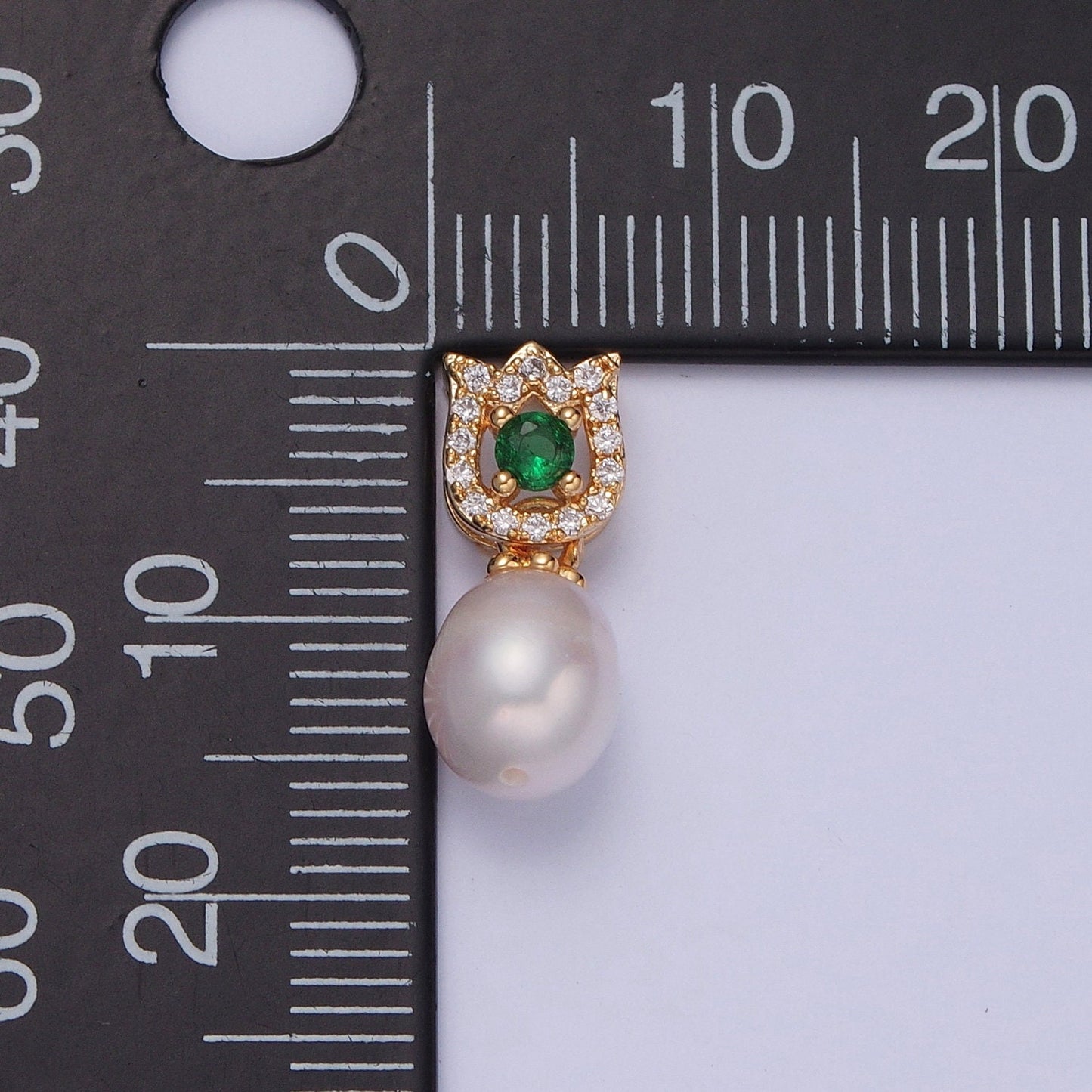 Dainty Round Pearl Tulip with Emerald Green CZ Eye Design Micro Pave Clear CZ Ball Pendant for Bracelet Necklace Component | H-679