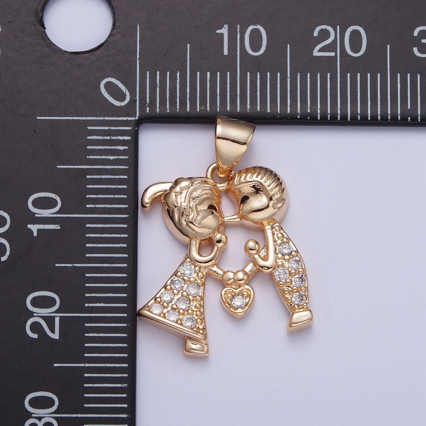 16K Gold Filled Kissing Couple Characters Holding a Love Heart Micro Pave CZ Pendant, Dainty Loving Couple Boy and Girl Charm | X-393