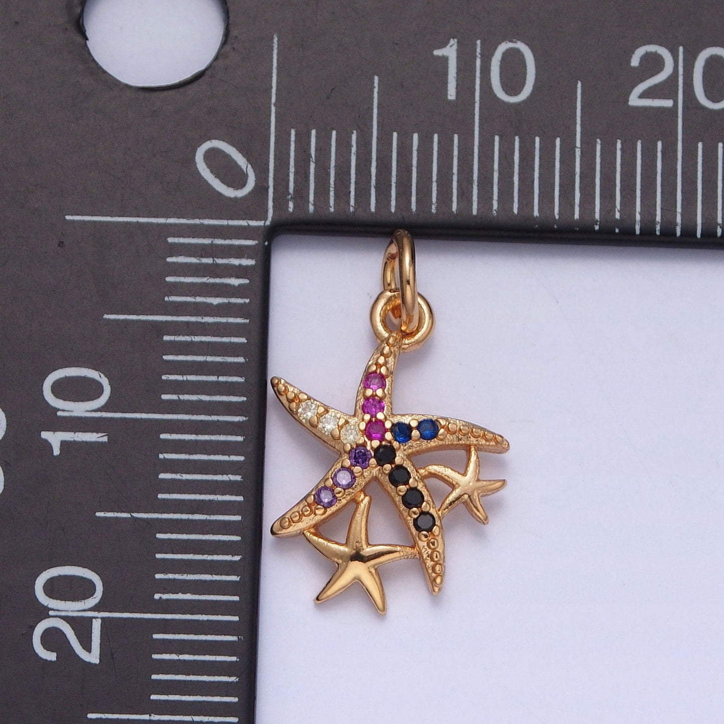 16K Gold Dainty Three Starfish Micro Pave CZ Clear Multicolored Stone Pendant, Charm Crystal Cz for Necklace Bracelet Supply | X-222, X-223