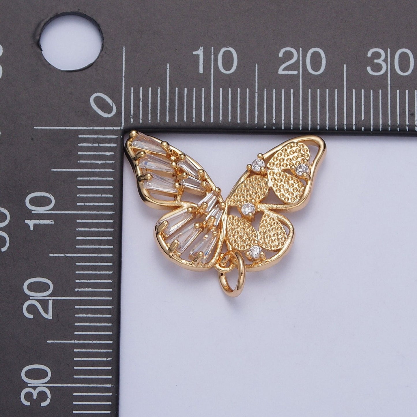 14K Gold Plated Dainty Upside Down Gold Butterfly Pendant with Clear CZ Baguette Stone Mariposa Charm | X-174