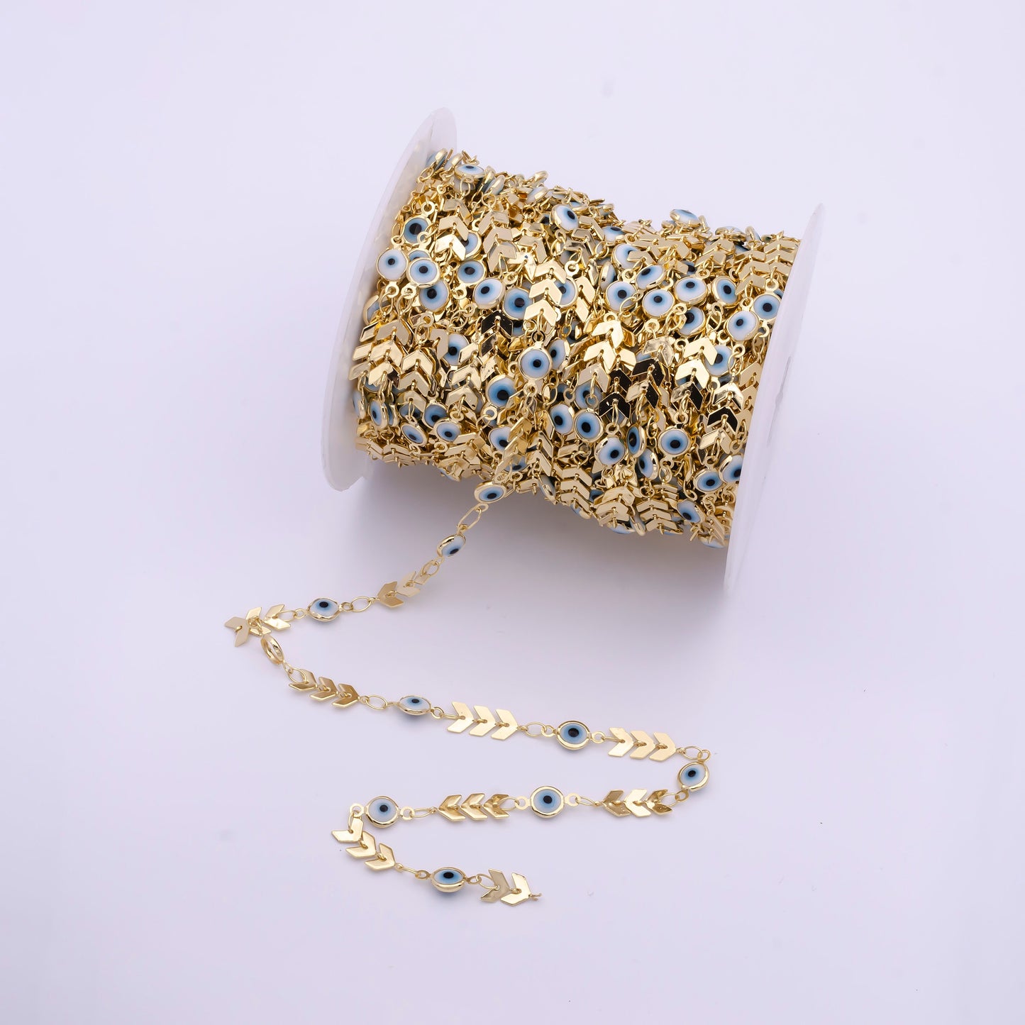6mm Width 24K Gold Filled Evil Eye Chevron Link Chain by Yard, Gold Evil Eye Wholesale Bulk Roll Chain for Jewelry Making | ROLL-823