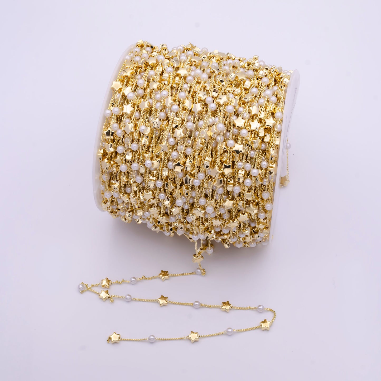 24K Gold Unfinished Dainty Starry Pearls Station Chain by Yard, Wholesale Bulk Gold Stars Beaded Pearl Roll Chain for Jewelry | ROLL-826