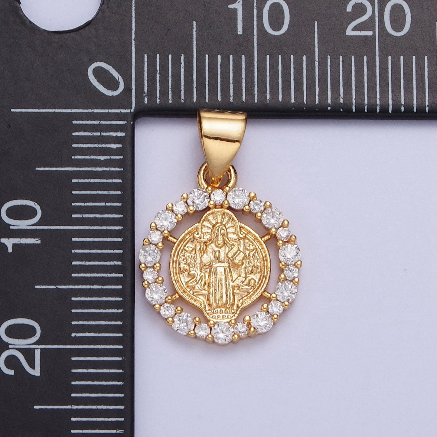 24K Gold Filled St Benedict Medallion Religious Open Round Micro Pave Cubic Zirconia CZ Stone Charm | X-447