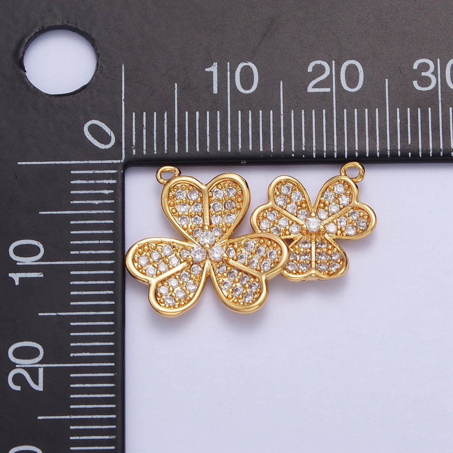 24K Gold Filled Dainty Linked Four-Leaf Clovers Lucky Charm Connector Micro Pave Cubic Zirconia CZ Stones for Necklace Jewelry | F-489