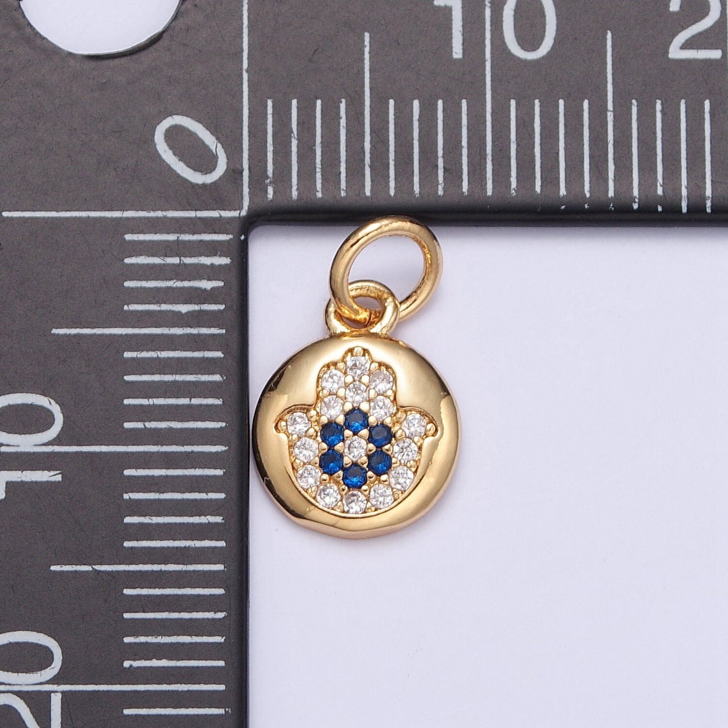 24K Gold Dainty Micro Pave CZ Hamsa Pendant Charm, Universe Protective Micro Pave CZ Pendant Charm, Blue Flower-Like Center | X-103
