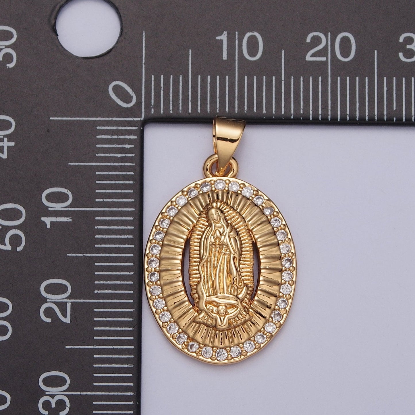 24K Gold Virgin Mary Medallion w. Micro Pave CZ Stone, Round Coin Pendant in 24K Gold Religious Jewelry Charm Pendant for Necklace | H-695