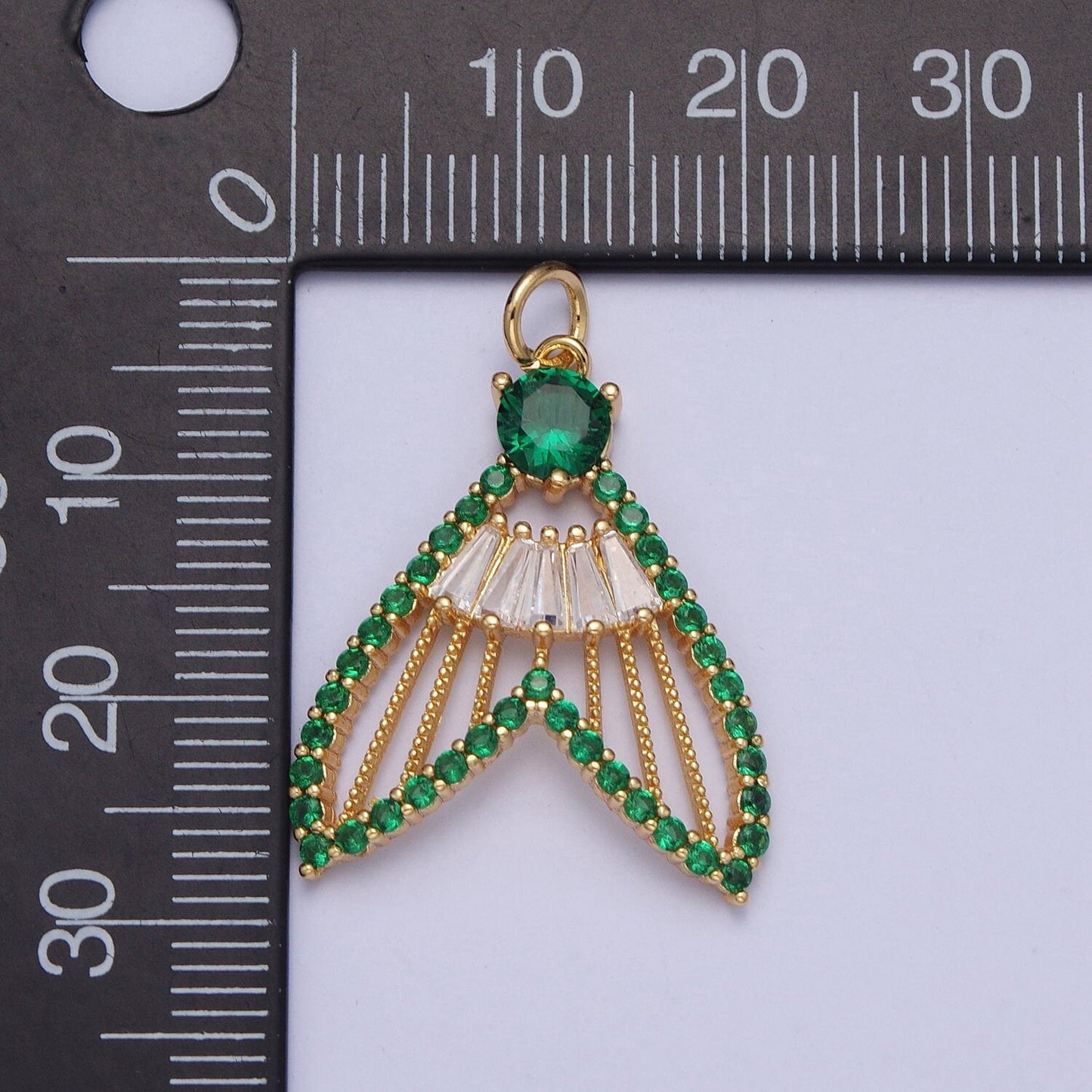 24K Gold Filled Mermaid Fish Tail Micro Pave CZ Pendants, Colorful Cubic Zirconia Baguette Stone Fish Tail Charms | X-188~X-193