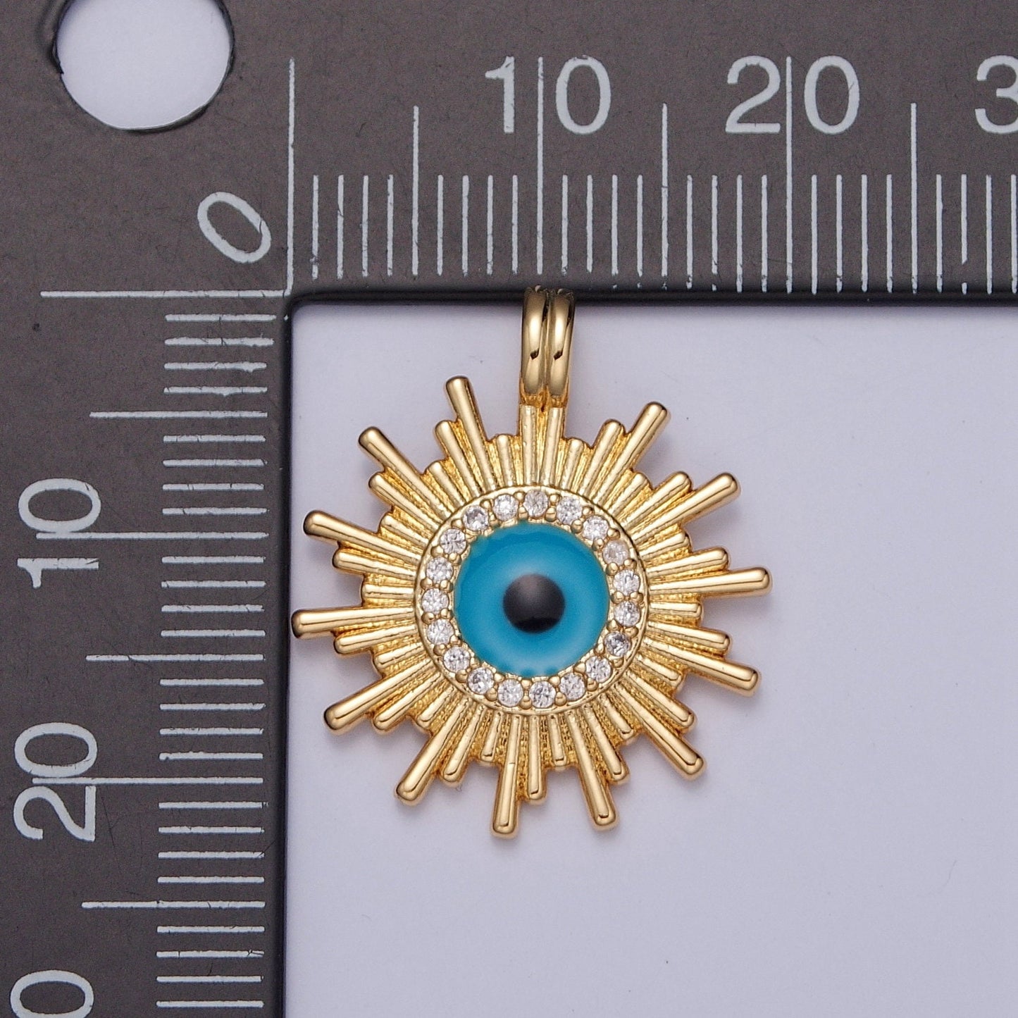 24K Gold Micro Pave CZ Sun Evil Eye Pendant, Sunburst Charm, Dark Turquoise Evil Eye Sun Pendant | H-692