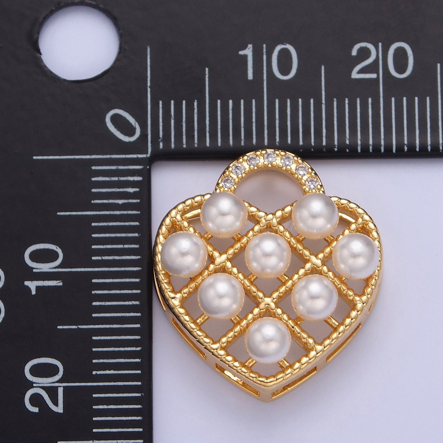 24K Gold Filled Love Heart Waffle Design w. Round Pearls, Micro Pave CZ Stones Bail Head Jewelry Supply Making for Bracelet Necklace | I-349