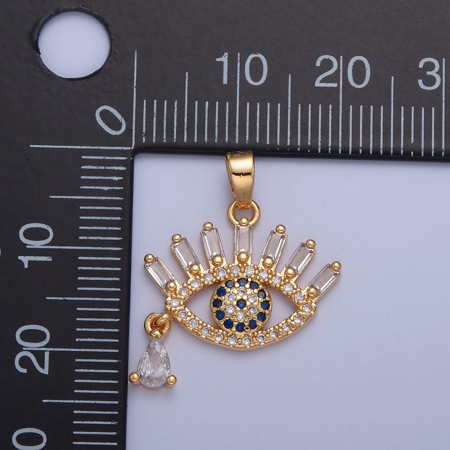 16K Gold Filled Micro Pave Cubic Zirconia Blue Evil Eye Charm Clear Teardrop CZ, Baguette Stone Eyelashes, Tiny Pendant Amulet Piece | H-015