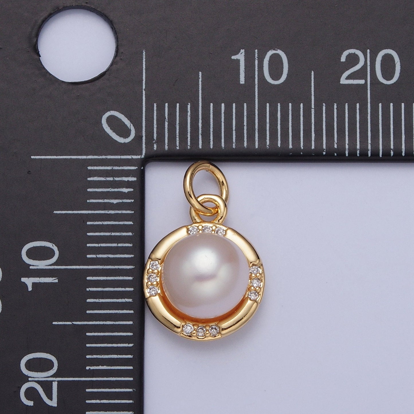 24K Gold Solitaire Pearl Round Micro Pave CZ Stones-Edged Pendant, Gold Charm White Pearl DIY Jewelry Necklace Making | X-067