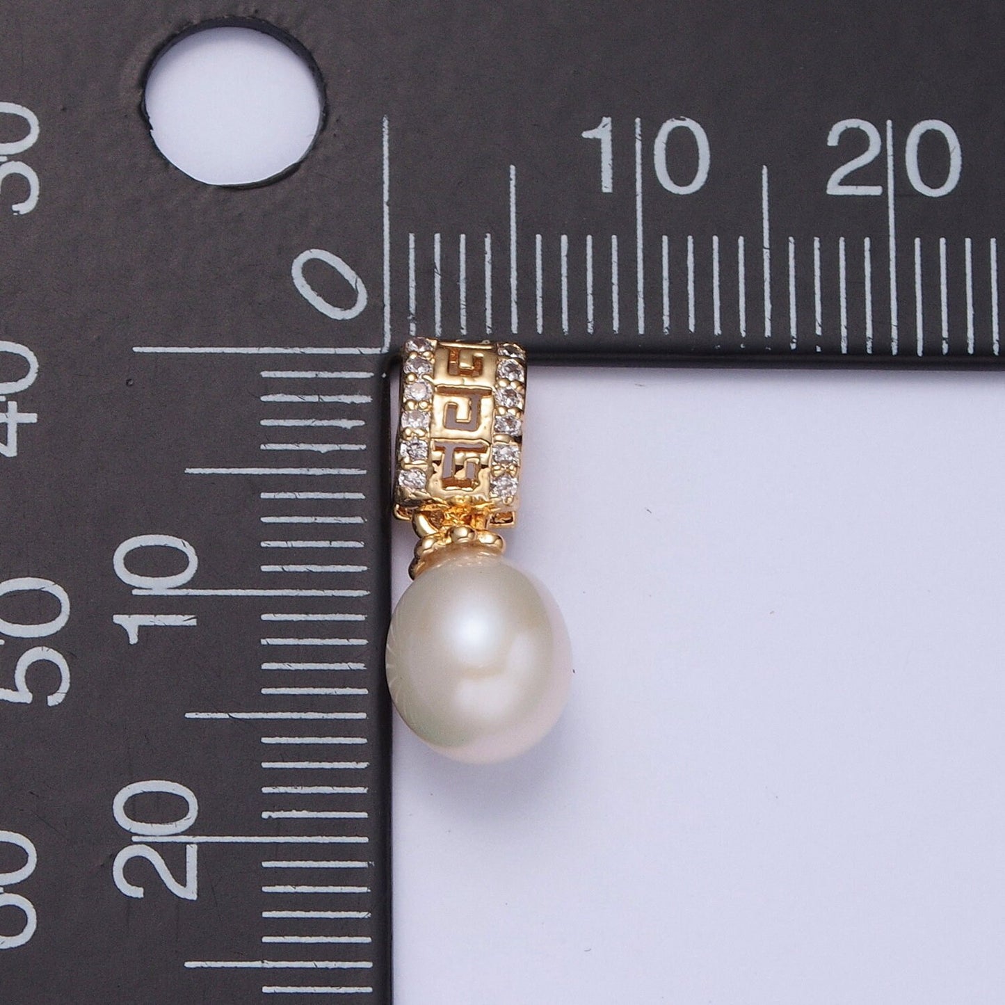 Dainty Round Pearl Greek Key CZ Design Micro Pave Clear CZ Ball Pendant for Bracelet Necklace Component | H-671
