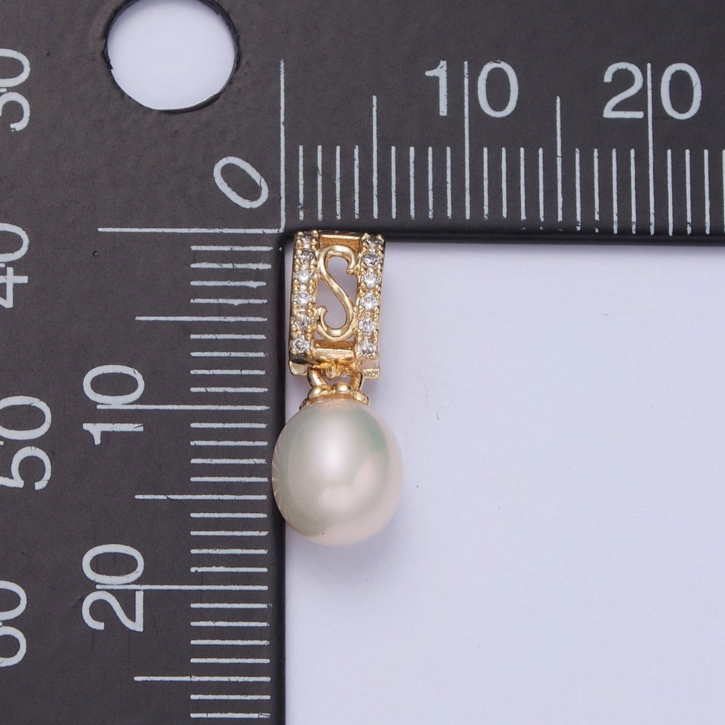 Dainty Round Pearl Initial Letter 'S' CZ Design Micro Pave Clear CZ Ball Pendant for Bracelet Necklace Component | H-682