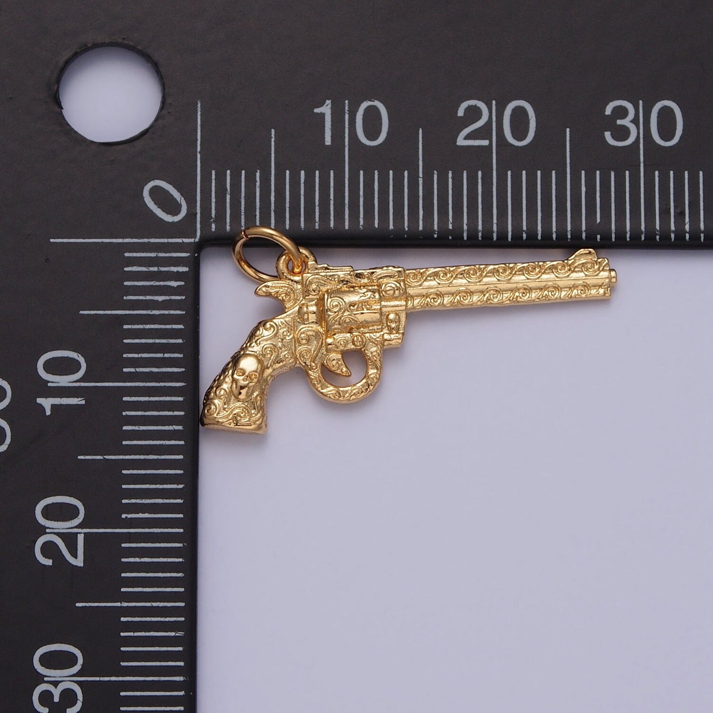 Revolver Pistol Gun w. Wave Curls Patterns Pendant 24K Gold Plated Gun Charm, Necklace Bracelet Charm Pendant | X-142
