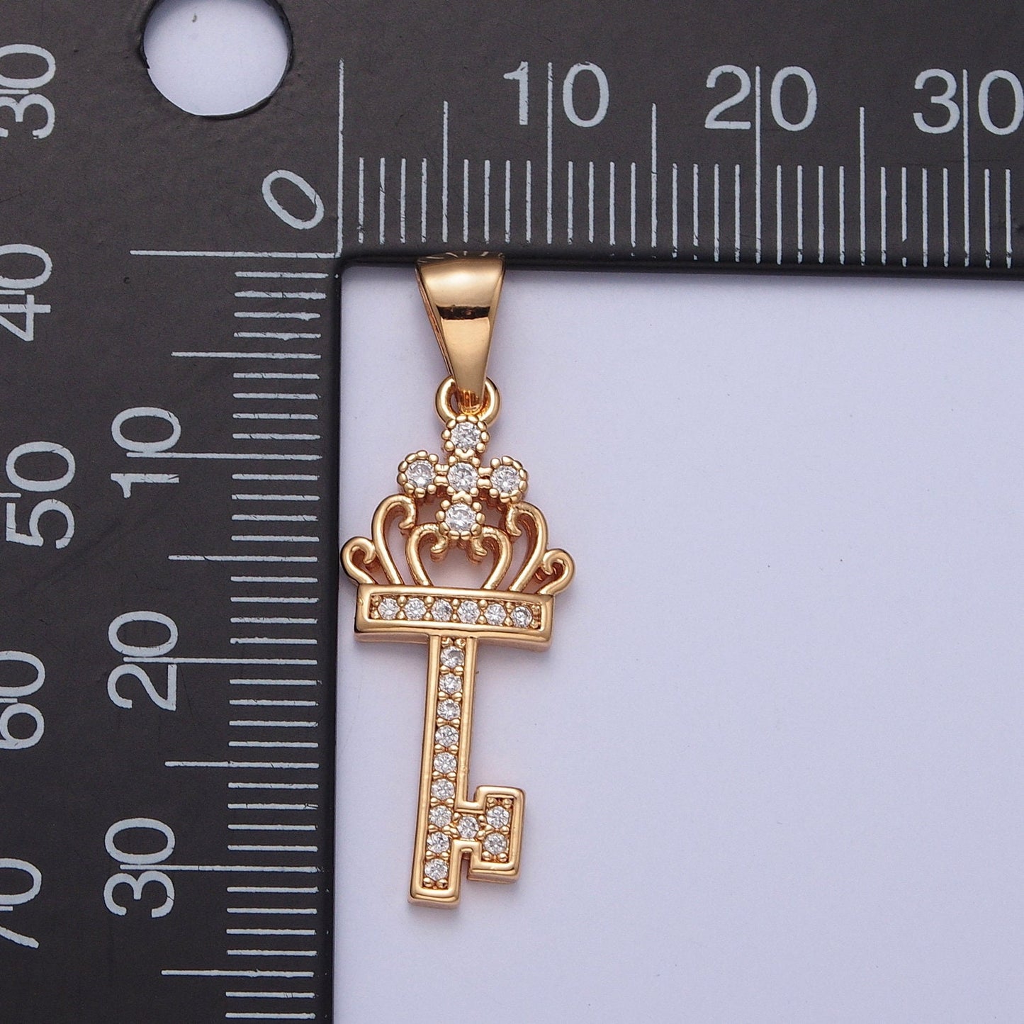 18K Gold Sovereign Royal Crown w. Cross Micro Pave CZ Key Pendant Charm For Jewelry Necklace Making | X-372