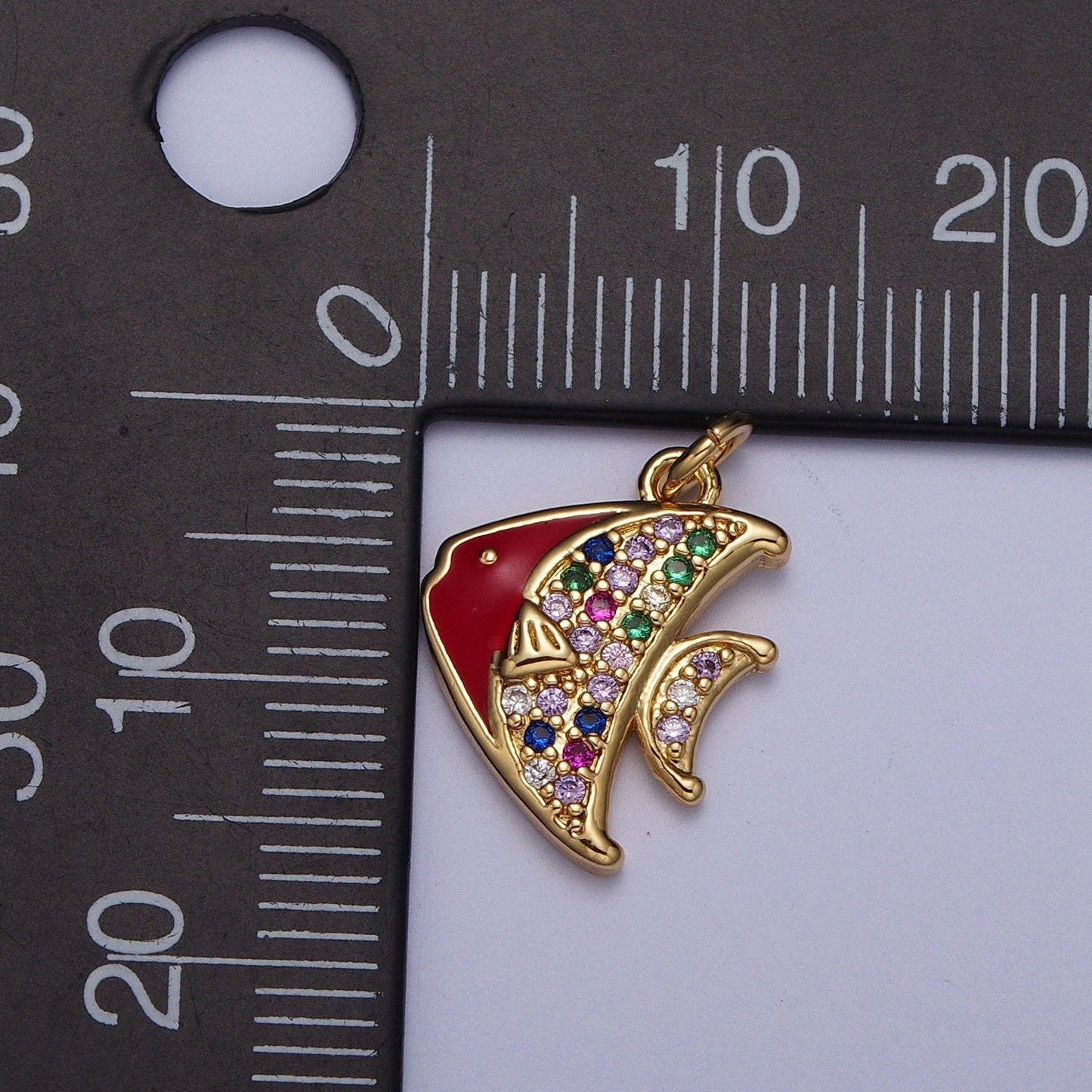 Dainty Gold Spadefish Pendant, 24K Gold Plated Red Enamel Colored Micro Pave CZ Stone Spade Fish Charm, Sea Life Animals Charm | AG120