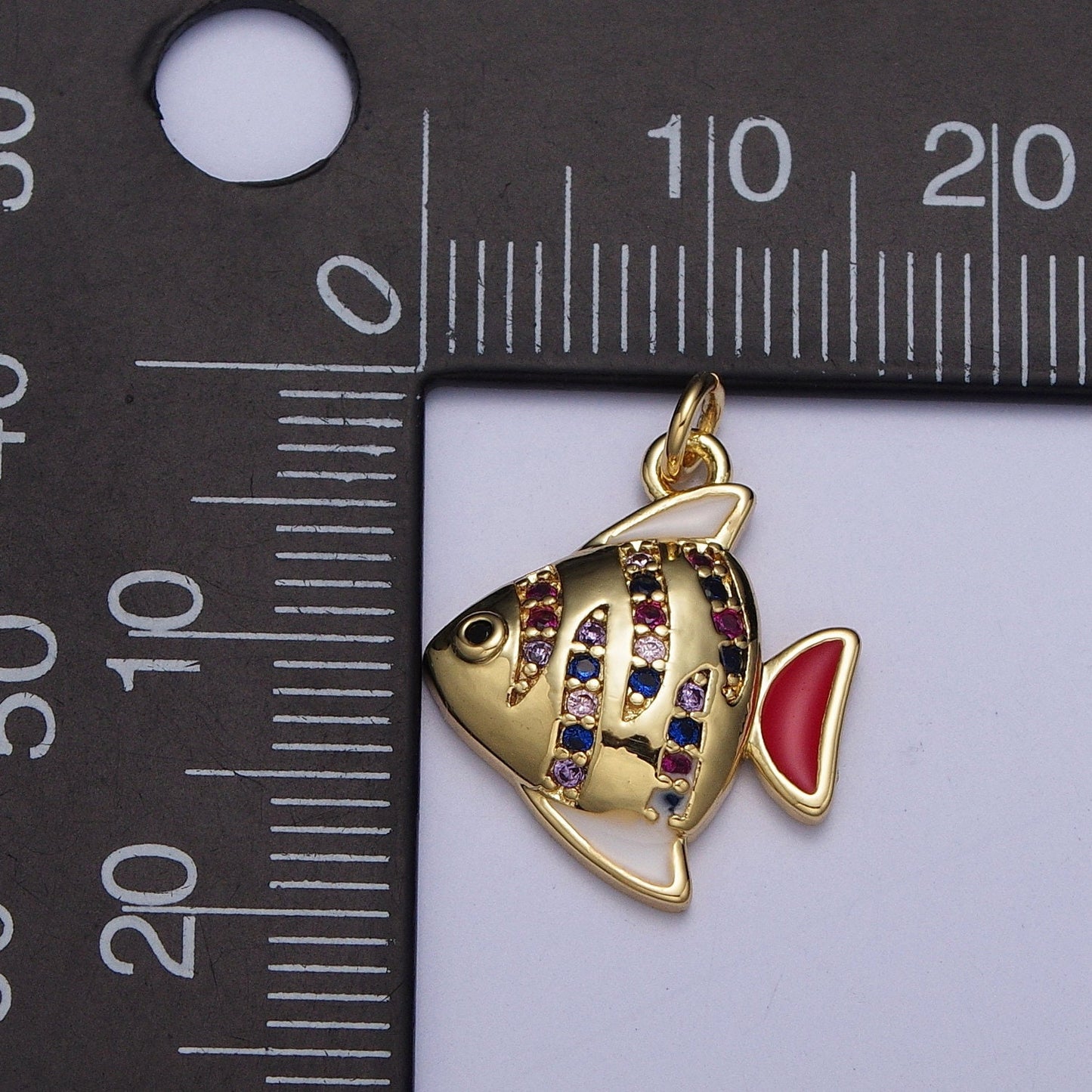 Dainty Gold Angelfish Pendant, 24K Gold Plated Red Enamel Colored Micro Pave CZ Stone ZigZag Angel Fish Charm, Sea Life Animal Charm | AG121