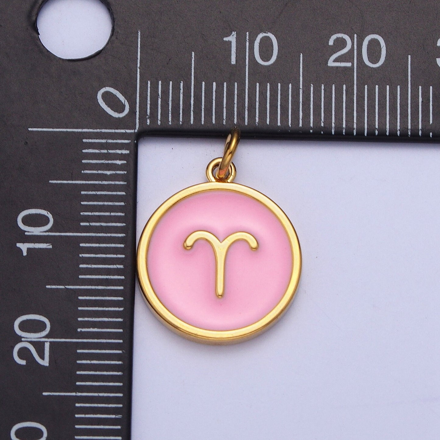 24K Gold Filled Dainty Round Baby Pink Enamel Circle Zodiac Charms, Astrological Zodiac Signs, Birthday, Horoscope Pendants| A1457-A1462