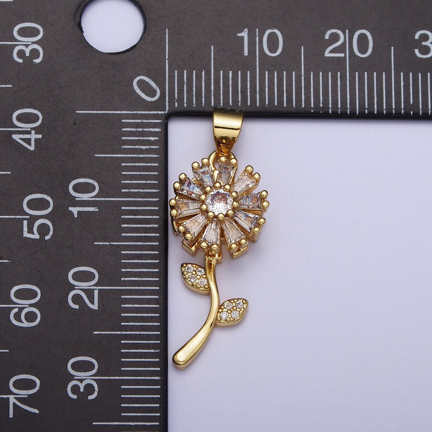 Gold Daisy Flower Pendant, 24k Gold Plated Floral Micro Pave Clear CZ Stone Charm, One Stem Baguette Stone Florette Pendant | X-476