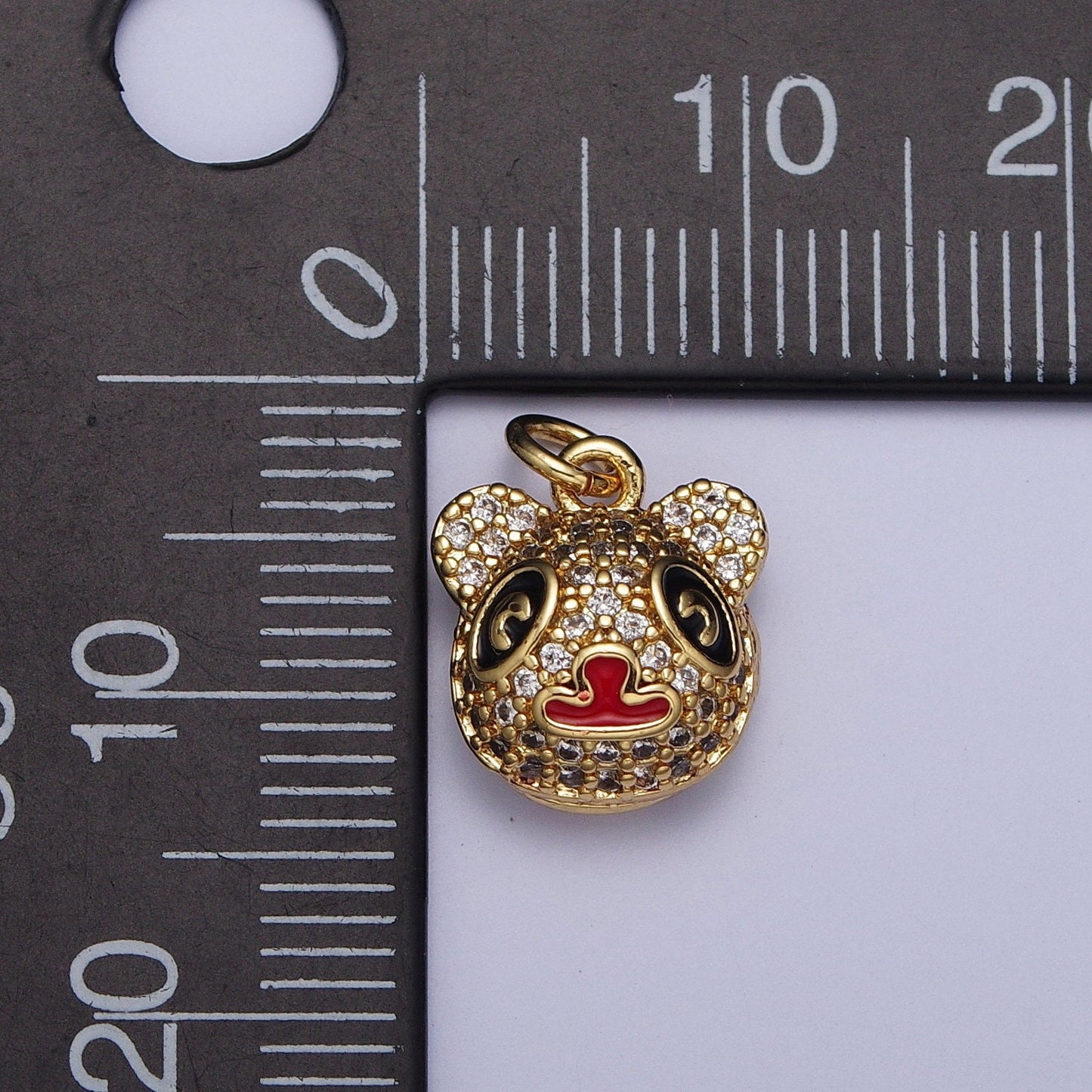 Cute Tiny Panda Head Pendant, 24K Gold Plated Clear Micro Pave CZ Black & Red Enamel Finish Panda Charm, Cute Animal Pendant | AG117