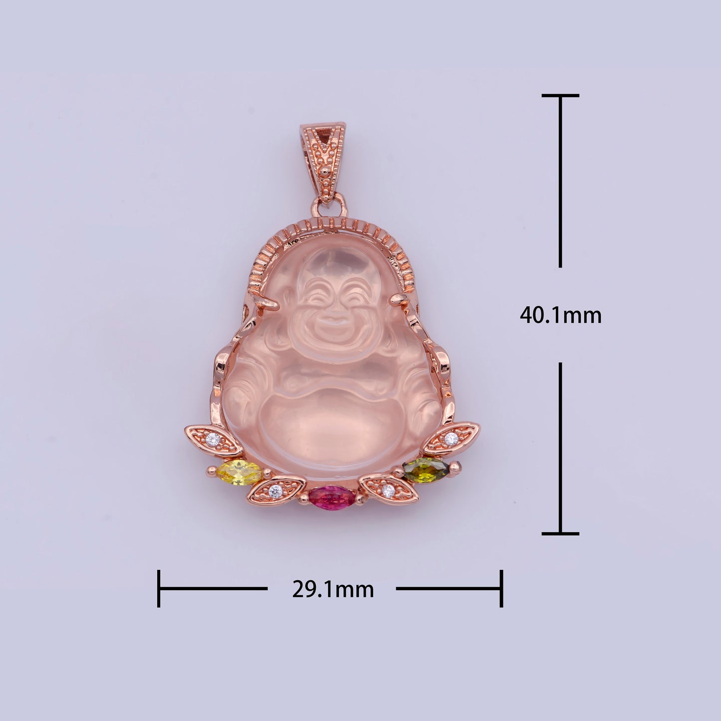 Rose Gold CZ Laughing Buddha Pendant, Rose Gold Filled Jade Pink Micro Paved Marquise CZ Smiling Buddha Feng Shui Charm | X-529