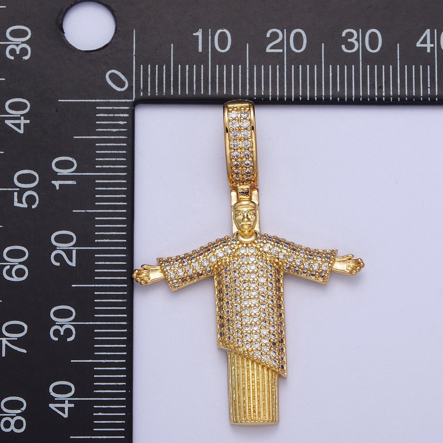 Cubic Gold Religious Figure Pendant, 24K Gold Plated Micro Paved CZ Christ the Redeemer Statue Pendant for Religious Jewelry Supply | X-535