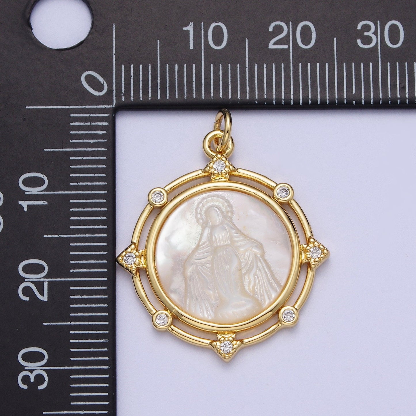 Pearl Gold Virgin Mary & Eye of Ra Coin Medallion Pendant, 24K Gold Plated Clear Micro Paved CZ Pearl Finish Round Charm | X-726, X-727