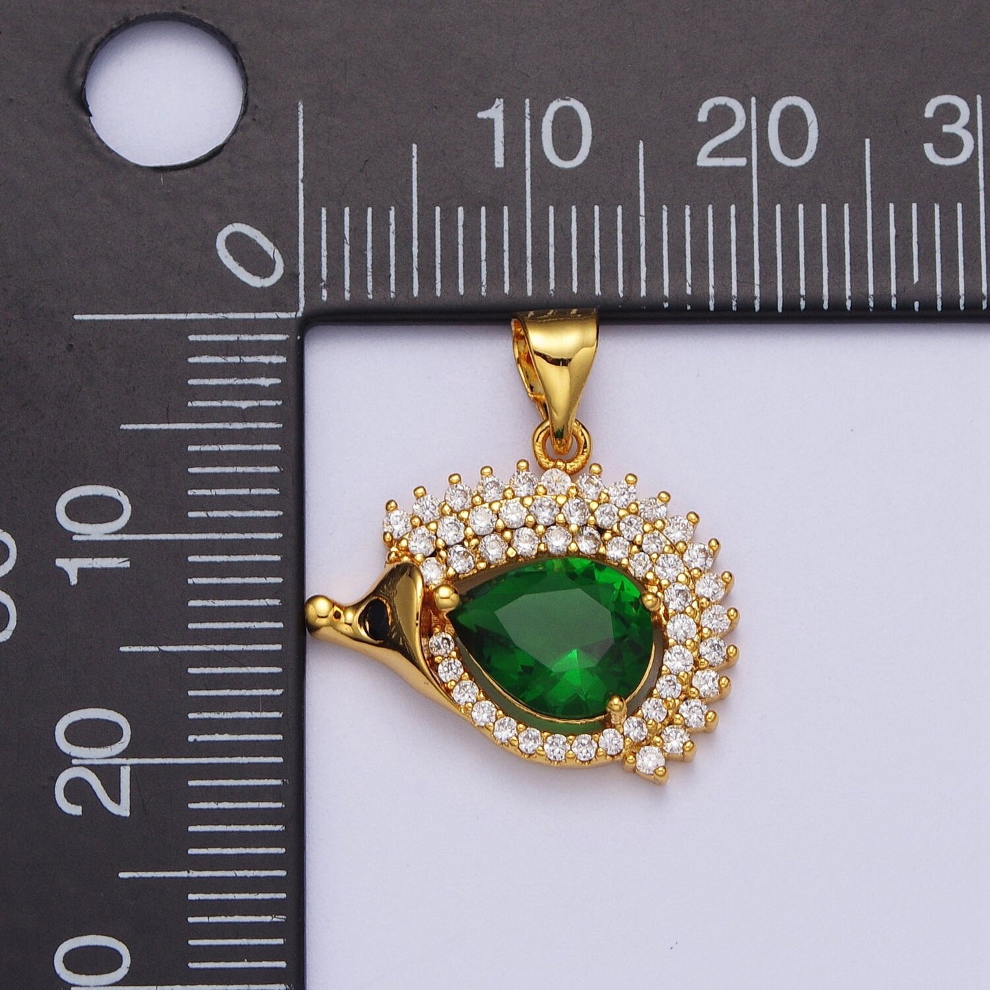 Emerald Green Stone Gold Porcupine Pendant, 24K Gold Plated Clear Micro Paved CZ Black Eyes Emerald Green Body Porcupine Charm | X-681