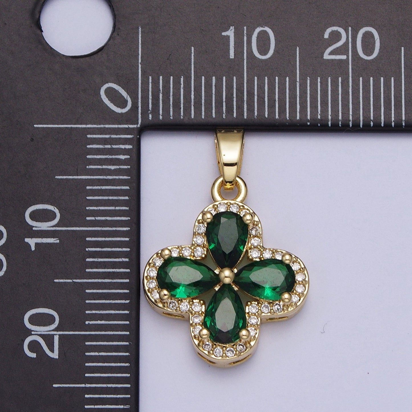 Dainty Gold CZ Lucky Four-Leaf Clover Pendant, 24K Gold Plated Multicolor Petals CZ Crystals Clear Micro Pave Edged Charm | X-516~X-519