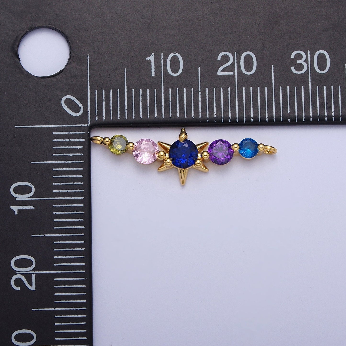 Daity Linked Micro Pave Round CZ Crystals Blue Star Link Connector, 24K Gold Plated Celestial Long Cubic Zirconia Charm Connector | G-556