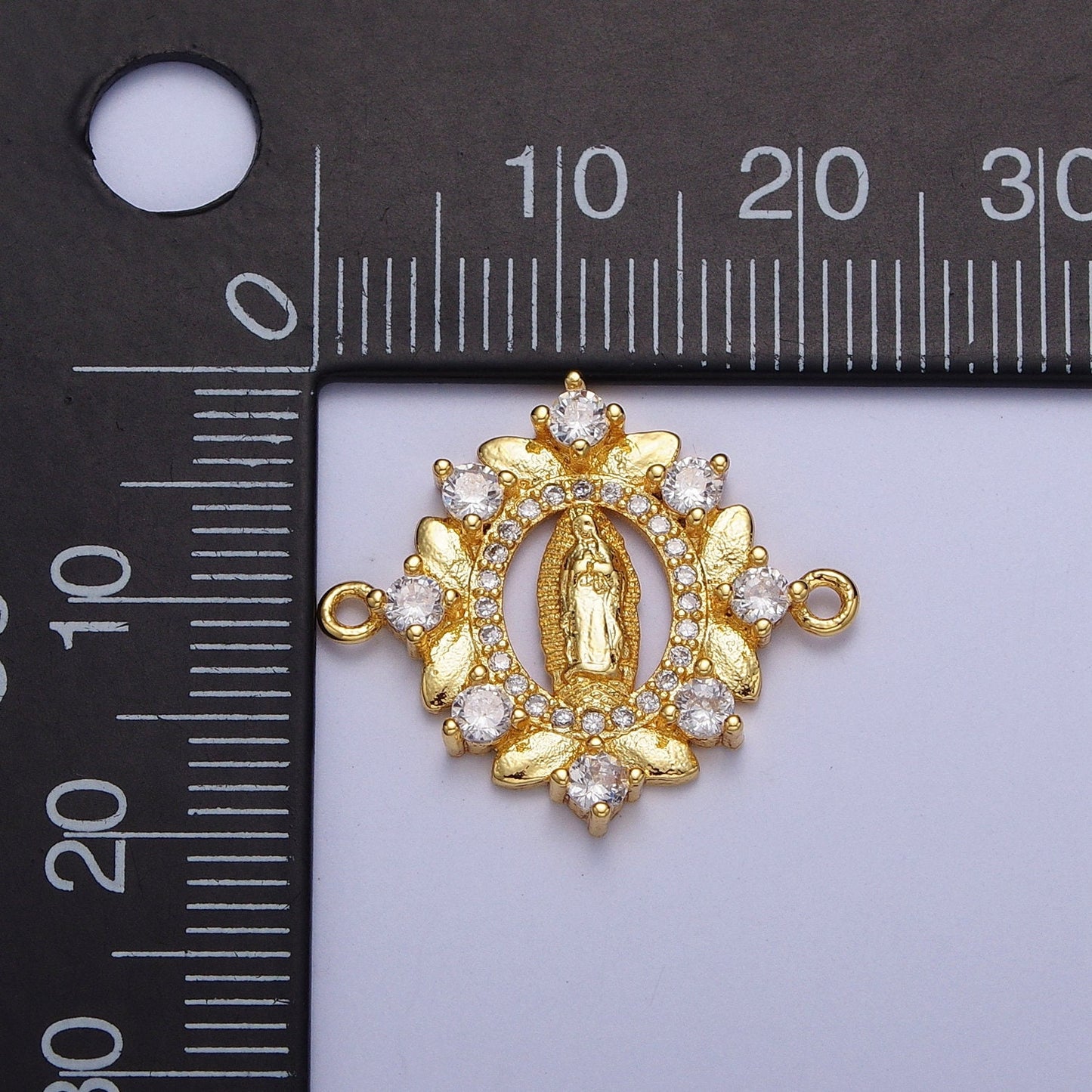 Yellow Floral Wreath Virgin Mary Link Connector, 24K Gold Plated Micro Pave CZ Our Lady of Guadalupe Religious Charm Connector | G-558