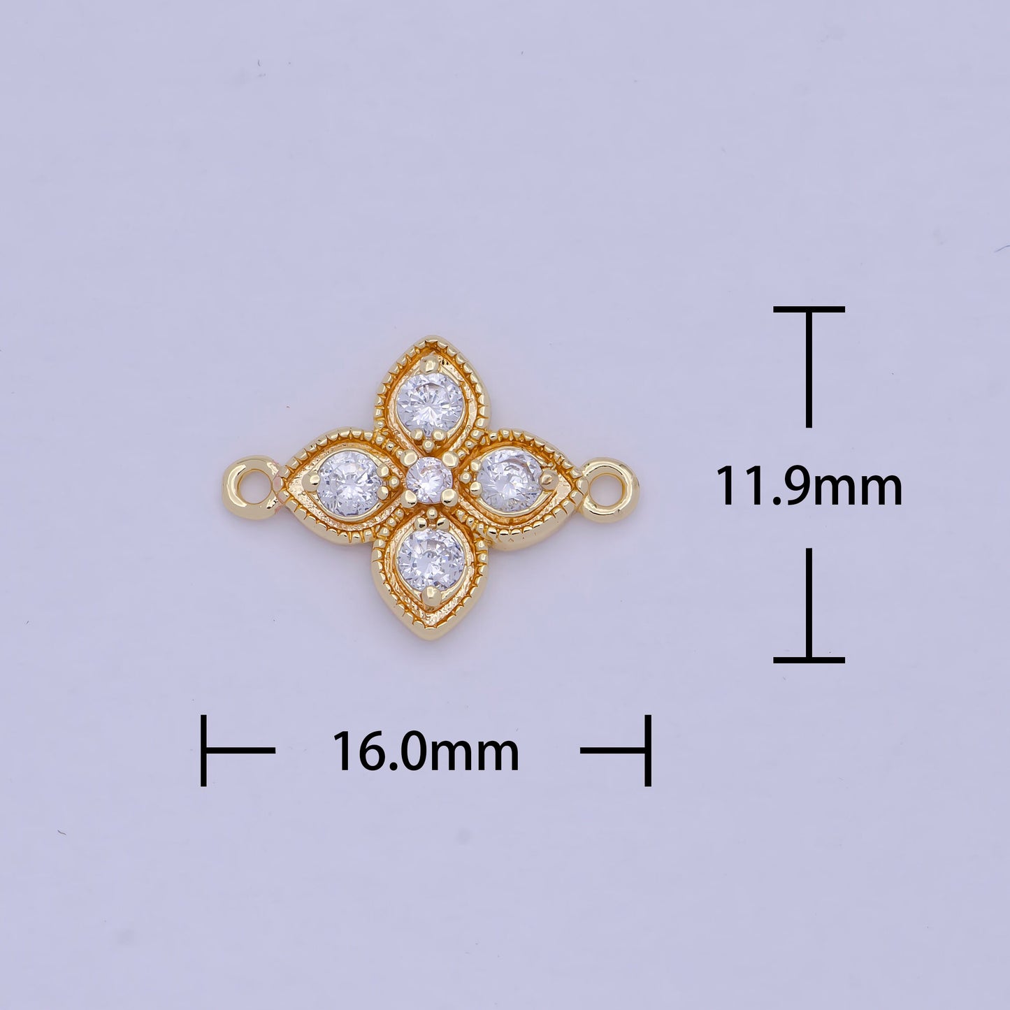 Gold Flower Charm Connector, 14K Gold Filled Micro Paved Clear CZ Stones Beaded Edge Four-Petaled Florette Floral Link Connector | F-800