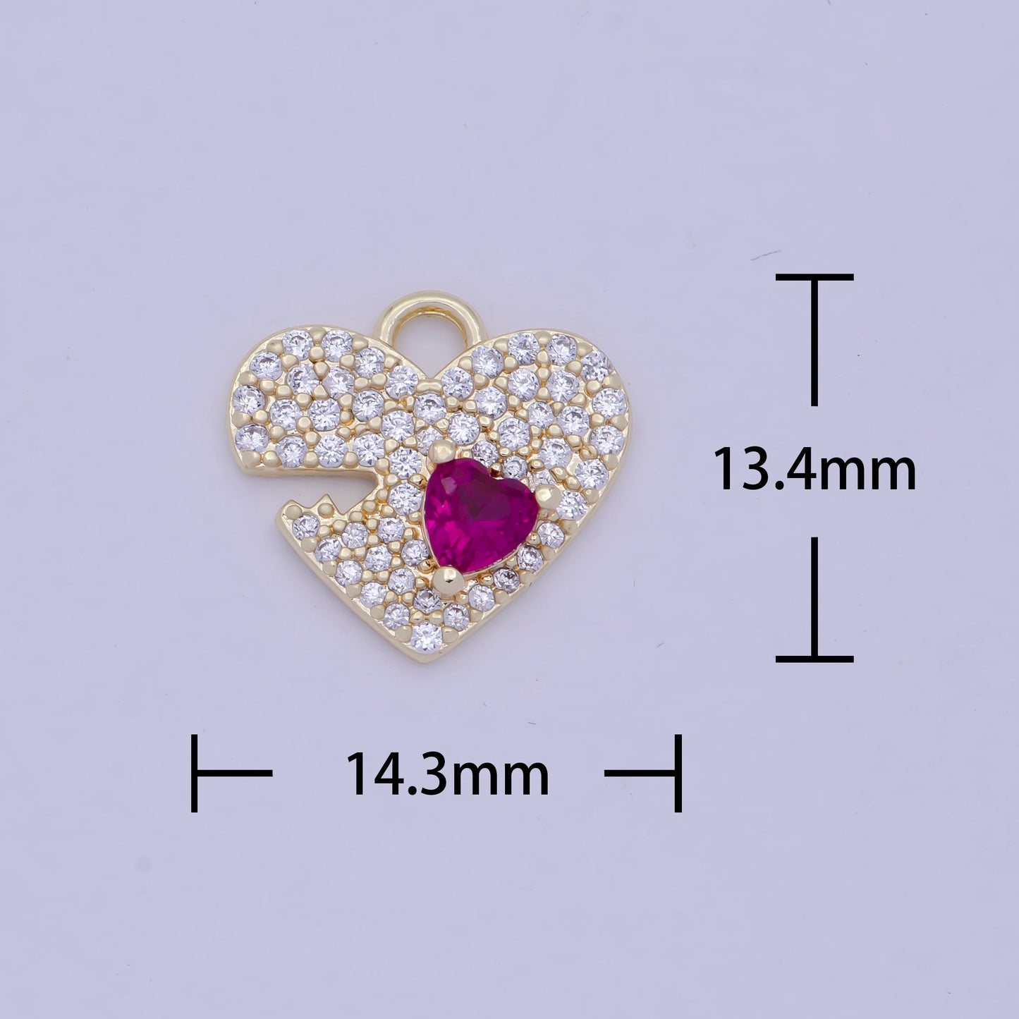 Gold CZ Heart Pendant, 14K Gold Filled Micro Paved Clear CZ Magenta Center Love Heart w/ Key Ridges Outline Charm | E-778
