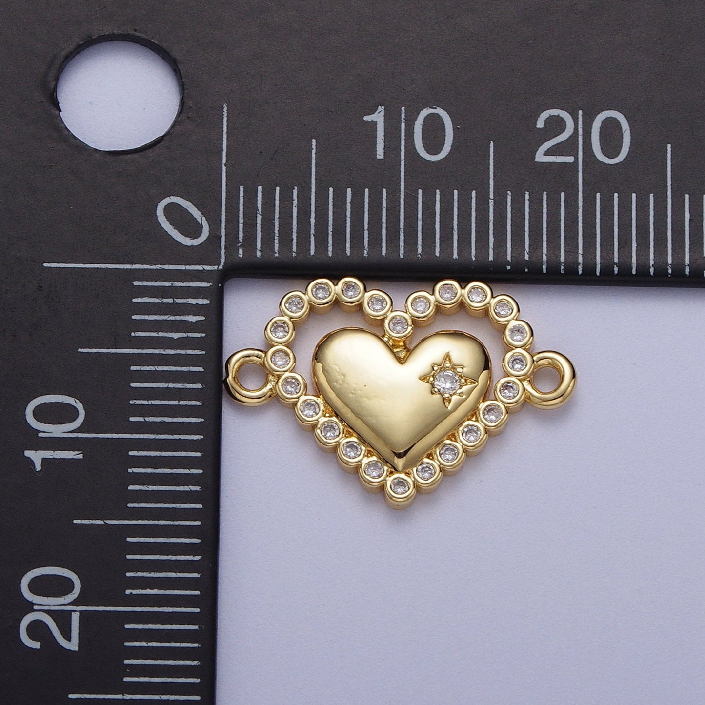 Gold CZ Heart Charm Connector, 24K Gold Plated Clear Micro Paved CZ Beaded Edge Love Heart North Star Link Connector | F-206